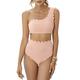 2 Piece One Shoulder Swimsuits for Women, High Waisted Bottom Scalloped Bikini Set, Petals Solid Wavy Edge Top Bathing Suits - pink - Large