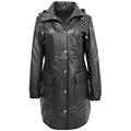Womens Leather Duffle Coat 3/4 Long Removable Hood Classic Parka Jacket Black Tan - Sophia (Black, 16)