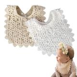 EIMELI 2-Pack Baby Bibs LIVEBOX New Lace Fake Collar Baby Bandana Bib for Drooling and Teething with Snap 100% Organic Cotton Bib Burp Cloths for Baby Girl Baby Shower Gift Set (White+Beige)