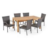GDF Studio Georgina Outdoor Wicker and Acacia Wood 7 Piece Expandable Dining Set Teak and Multibrown