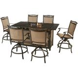 Hanover Fontana 7-Piece Outdoor High-Dining Set with 6 Swivel Chairs and a Fire Pit Dining Table