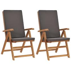 vidaXL 2x Solid Teak Wood Reclining Garden Chairs with Cushions Gray/Cream