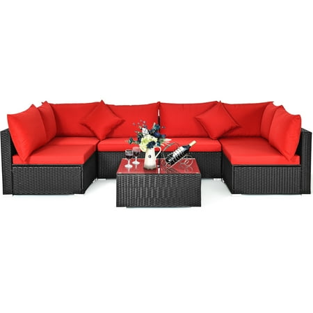 Patiojoy 7-Piece Patio PE Rattan Sectional Sofa Furniture Set Wicker Sofa Conversation Set Red