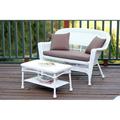 White Wicker Patio Love Seat And Coffee Table Set With Brown Cushion
