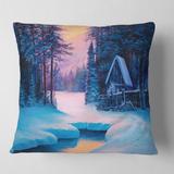 Designart 'Winter Landscape & The River House In The Woods II' Lake House Printed Throw Pillow