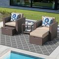 JOIVI 5 Pieces Patio Furniture Set Outdoor Brown PE Rattan Wicker Patio Conversation Set Lounge Chairs with Cushioned Ottoman and Tempered Glass Side Table