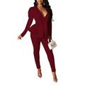 Two Piece Outfits for Women Sexy - Long Sleeve V Neck Bow Tie Peplum Pullover Tops Bodycon Long Pants Sets Tracksuit - red - S