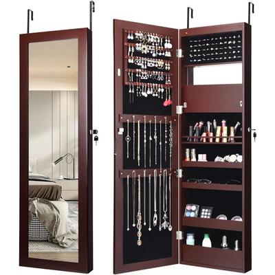 Costway Lockable Wall Door Mounted Mirror Jewelry Cabinet w/LED Lights-Brown