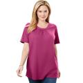 Plus Size Women's Perfect Button-Sleeve Shirred Scoop-Neck Tee by Woman Within in Raspberry (Size L) Shirt