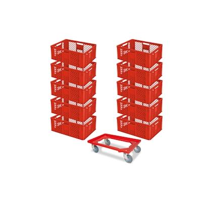 10 Euroboxen, 600x400x240 mm, lebensmittelecht, rot + GRATIS Transportroller