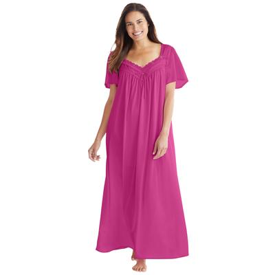 Plus Size Women's Long Silky Lace-Trim Gown by Only Necessities in Paradise Pink (Size 3X) Pajamas
