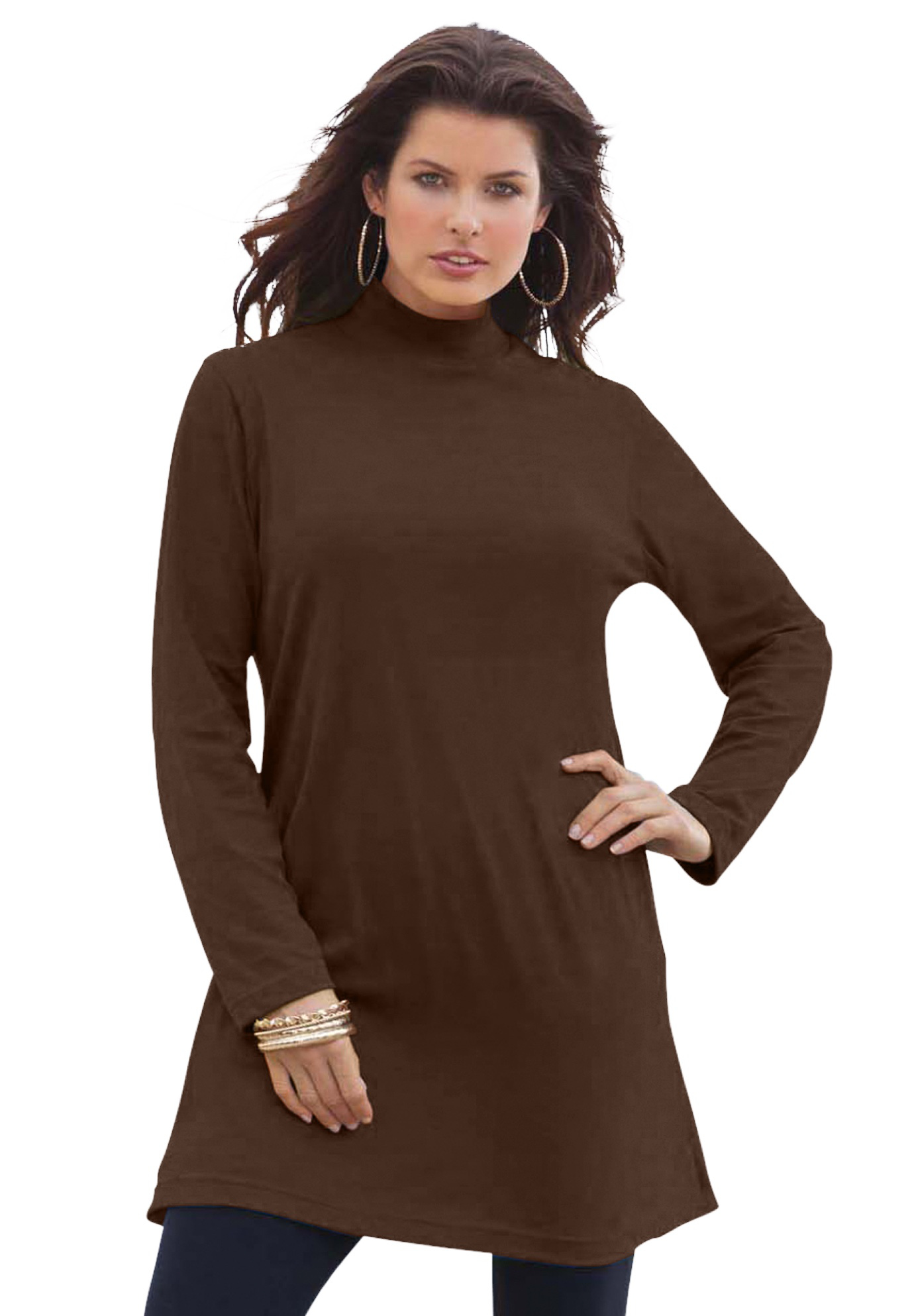 Plus Size Women's Ultimate Mockneck Tunic by Roaman's in Chocolate (Size 1X) 100% Cotton Mock Turtleneck