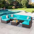 Latitude Run® 7 Piece Rattan Seating Group w/ Cushions Synthetic Wicker/All - Weather Wicker/Wicker/Rattan in Blue | Outdoor Furniture | Wayfair