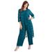 Plus Size Women's Three-Piece Lace Duster & Pant Suit by Roaman's in Deep Teal (Size 28 W) Duster, Tank, Formal Evening Wide Leg Trousers