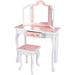 Rosdorf Park Vanity Table & Chair Set, Girls Vanity Set w/ Mirror & Stool, Tri-Folding Mirror, Makeup Dressing Princess Table w/ Drawer in Brown/Pink