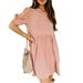 Women's Summer Casual Twist Knot Short Puff Sleeve Dresses Pleated Swing Dress with Pockets