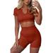 Women's 2 Piece Workout Shorts Set Sexy Summer Outfits Short Sleeve Crop Top Bodycon Shorts Athletic Yoga Tracksuit