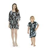 Matching Mother Son Hawaiian Luau Outfit Poncho Dress Shirt in Midnight Bloom