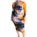 Winnereco Women Tie Dye Print Slim Dress Long Sleeve Midi Dresses (Orange M)