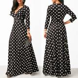 Women Fashion Elegant Polka Dot 3/4 Sleeve Long Maxi Evening Party Beach Holiday Sundress