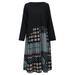 Vintage Women Cotton Dress Ethnic Print Splicing O-Neck Long Sleeve Casual Loose Midi Dress Purple/Black