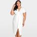 Fashion Women Cross Over Tie Waist Dress V Neck Short Sleeve Plus Size Party Midi Dress White