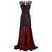 Meterk Women Sequined Gown Dress Sleeveless Pearls Mesh Ruffles Hem Cocktail Party Ball Dress