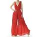 FREE PEOPLE Womens Orange Embroidered Pleated Sleeveless V Neck A-Line Wide Leg Jumpsuit Size: 0