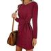 Tomshoo Fashion Women Solid Long Sleeves Dress Tie Knot Waist Ruched Front O Neck Autumn Spring Casual Dress