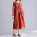 Vintage Women Striped Bohemian Dress Linen Cotton O-Neck Long Sleeve Pocket Loose Fit Midi Dress