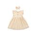 Wsevypo Baby Girl Solid Color Crew Neck Fly Sleeve Lace Dress Hairband Set