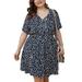 UKAP Plus Size Womens Summer Short Sleeve Printing Dress Elastic Waist Mini Dress Ladies Button Down Ruffle Hem Swing Dress Dark Blue XXL(US 20-22)