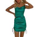 Luiryare Women Sexy Stain Spaghetti Strap Ruched Bodycon V Neck Club Dress