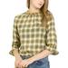 Allegra K Junior's Check Ruffle Neck 3/4 Bell Sleeve Plaid Blouse Top