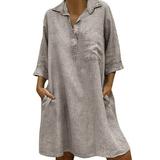 Women Beach Kaftan Cotton Linen Casual Short Mini Shirt Dress For Ladies Linen Long Sleeve Paisley Party Smock Sundress Holiday Midi Evening Cocktail Party Tunic Dress