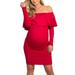 Women's Pregnant Maternity Dress Off Shoulder Ruffle Long Sleeve Bodycon Dresses for Baby Shower Party Pencil Midi Dress