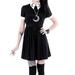 Tuscom Women Print Slim Fit Black Button Down Short Sleeve Mini Dress Punk Style Moon Print Button Dress