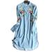 Alloet Denim Floral Embroidery Long Sleeve Female Button Dresses