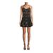 NICOLE MILLER Womens Black Rhinestone Spaghetti Strap V Neck Short Fit + Flare Cocktail Dress Size 0