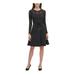 TOMMY HILFIGER Womens Black Lace Zippered Long Sleeve Jewel Neck Short Fit + Flare Evening Dress Size 12
