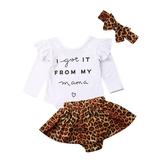 Dewadbow 3PCS Newborn Baby Girl Ruffle Tops Romper Leopard Mini Skirts Outfits Clothes