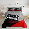 Loussiesd Gamer Gaming Duvet Insert Double Size,Red and Black Down Comforter,Video Games Down Comforter for Kid Teens Boys Man,Room Decor 3Pcs Bedding Set,Duvet Set 1 Comforter with 2 Pillowcase