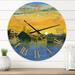 East Urban Home Yellow Frosty Winter Morning in The VilLage Watercolor - Farmhouse wall clock Metal in Blue/Yellow | 16 H x 16 W x 1 D in | Wayfair