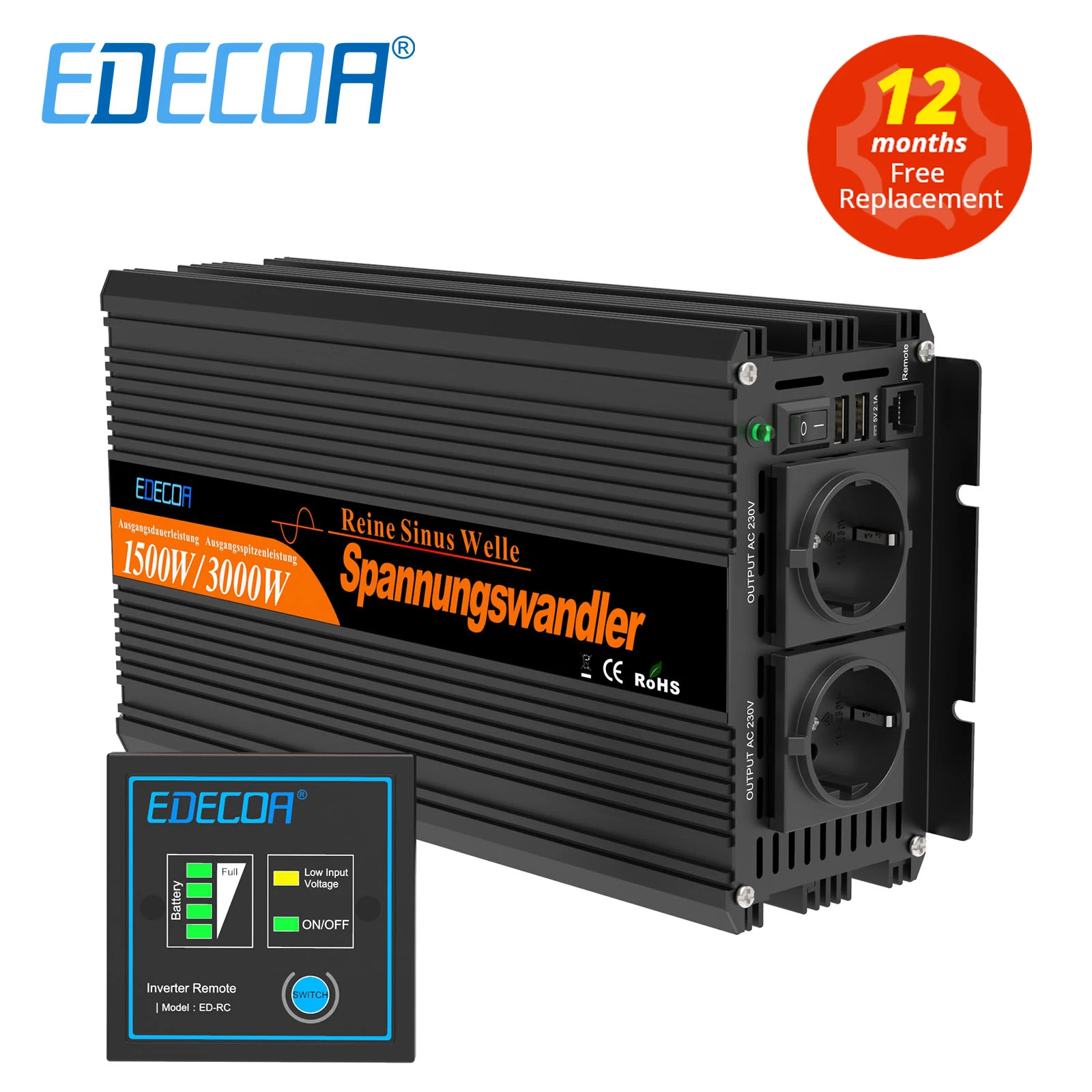 EDECOA 1500W 2500W onduleur à onde sinusoïdale pure DC 12V à AC 220V 230V 240V hors réseau onduleur solaire convertisseur onduleur de voiture