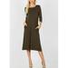 Womens Juniors Quarter Sleeve Dress With Pockets - Round Neck Below Knee Dress - Casual Stretchy Olive Dress 40008M