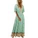 Women's Bohemian Long Maxi Dress Floral Printed V-Neck Short Sleeve Beach Party Boho Dress Beach Sundress