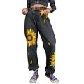 Women High Waist Jeans Trousers Sunflower Printed Distressed Denim Pants Casual Loose Fit Cropped Pants