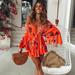 Womens Off Shoulder Floral Printed Long Sleeve Beach Dress Elegant Summer Dress