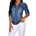 Retro Women Blue Jean Fitted Soft Denim Long Sleeve Shirt Tops Blouse Jacket