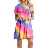 Sexy Dance Women Short Sleeve Mini Dress Long T-Shirt Dress Ladies Summer Casual Dress Top Dress Ladies Casual Round Neck Rainbow Short Mini Dress